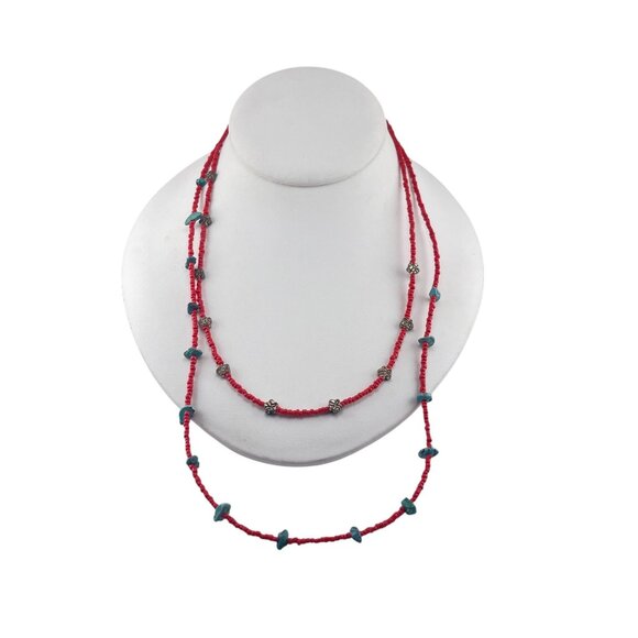 Boho Handcrafted Red & Blue Beaded Necklace With Metal Accents 24" Unbranded - Picture 2 of 6